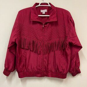 Vintage Rhoda Lynne Womens Silk Red 90’s Fringe Zip Up Windbreaker Jacket Large